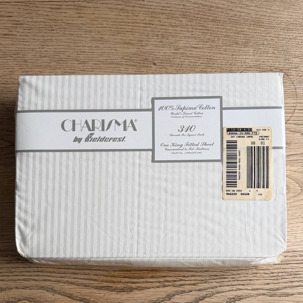 Fieldcrest Charisma 100% Supima Cotton Fitted Sheet White Stripes - King - New
